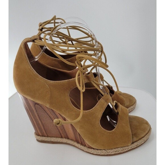 Tory Burch Raya Suede Lace Up Wedge Heels Womens Tan Brown Open Toe Sandals - Picture 4 of 10